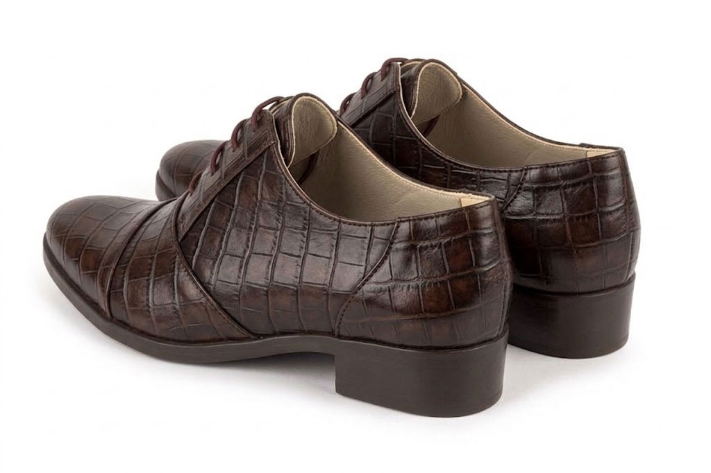 Women's dark brown classic oxfords and derby shoes with round toe and chunky rubber lug sole - Rear view